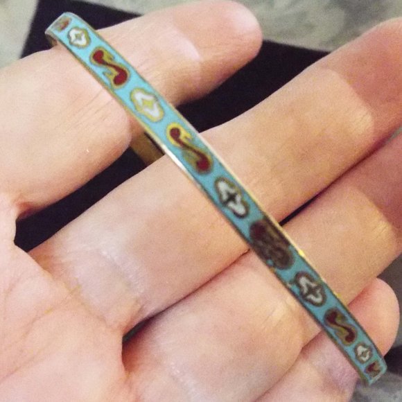 ANTIQUE  ESTATE TURQUOISE & RED CLOISONNE ENAMEL GOLDEN THIN BANGLE BRACELET 30 - Picture 2 of 3